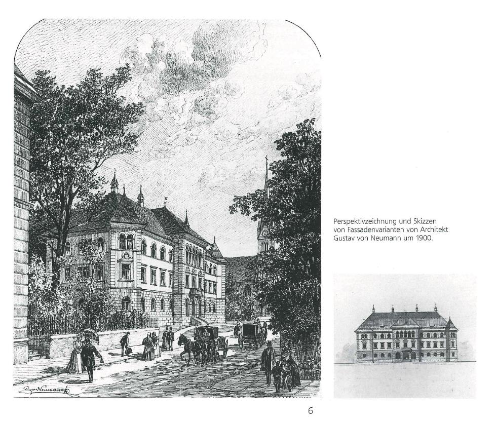 Perspektivzeichnung und Skizzen von Fassadenvarianten von Architekt Gustav von Neumann um 1900