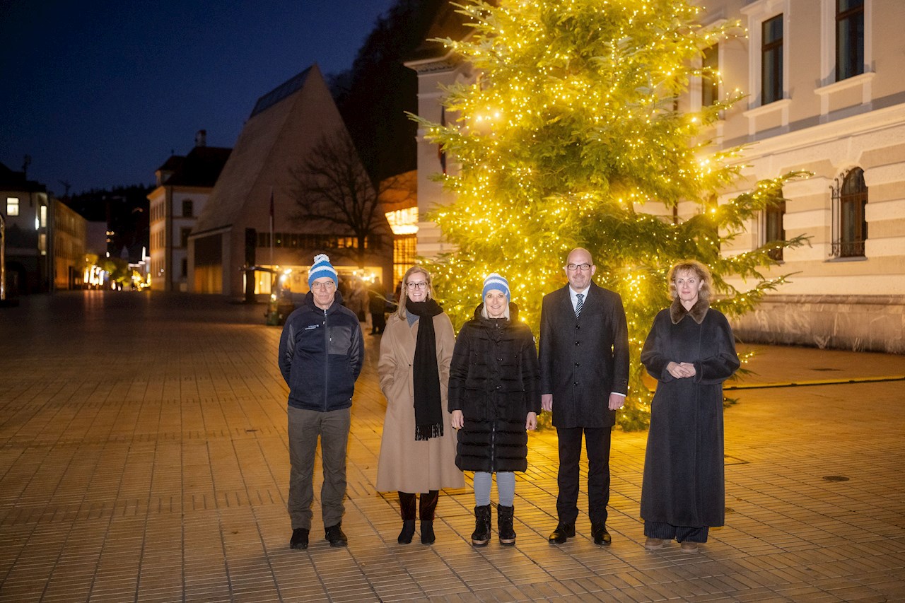 Weihnachtsbaum der Gemeinde Triesen vor dem Regierungsgebäude